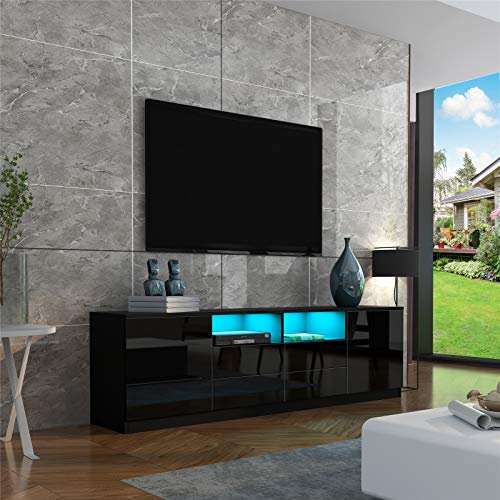 TV Schrank Modern Schwarz Glanz Fernsehtisch Sideboard mit LED Beleuchtung 180CM, 4 Schubladen und 2 Türen, für Schlafzimmer Wohnzimmer Home Möbel