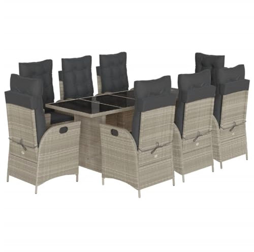 vidaXL Garten Essgruppe 9-TLG., Gartenmöbel Set Tisch mit 8 Stühle, Gartengarnitur mit Kissen, Sitzgruppe Essgarnitur Terrasse, Hellgrau Poly Rattan