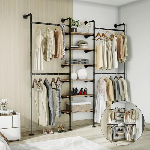 Pevfeciy Offener Kleiderschrank, Begehbarer Kleiderschrank, Kleiderstange Wandmontage, Eckkleiderschrank Industrial Style,XL