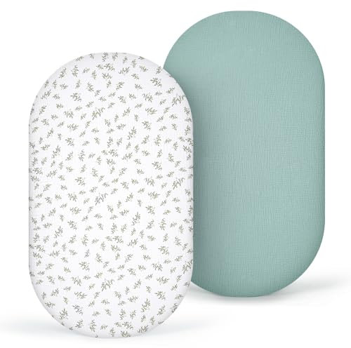 lulumoon Musselin Stubenwagen Spannbettlaken 2er-Set: Kinderwagen Matratzenbezug für Beistellbett und Wiege 100% Baumwolle 90x40cm (Grüner Baum)