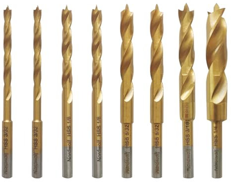 NordWolf 8-Piece HSS M2 Brad Point Wood Drill Bit Set, Titanium Nitride Coating with 1/8 (3.2mm) Shank for Rotary Tools & Flex Shafts, SAE Sizes 3/32-1/8-5/32-3/16-1/4 in Storage Case