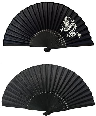 FANSOF.FANS Black Silk Fabric Folding Hand Held Fan with a Pouch Bamboo Ribs Chinese Vintage Handheld Girls Women Wedding Party Favour Gift (Simple Black n Dragon Art)