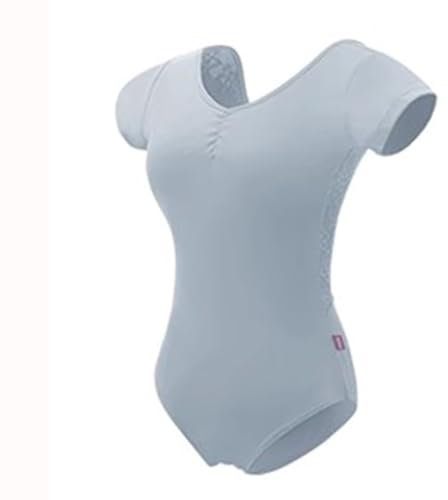 XYLGJYT Damen-Turnanzug für Tanzballett, kurzärmlige Tanztrikots mit V-Ausschnitt und V-förmigem Rücken, atmungsaktiver Stretch-Bodysuit, Gymnastiktrikots, Tanzbekleidung,Light Grey-S