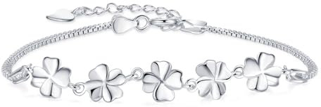SILBERTALE 925 Sterling Silver Lucky Bracelet Four-leaf Clover Bracelets for Women Adjustable Layered White Gold Good Luck Bracelet