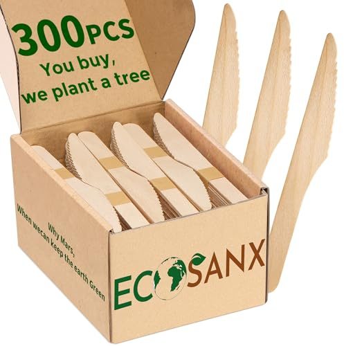 300 PCs Wooden Knives Set, 6.5 Splinter Free Disposable Knives for Parties, Eco-Friendly, Substitute for Plastic Cutlery & Bamboo Cutlery - Disposable Tableware for Outdoor, Camping, Events & More