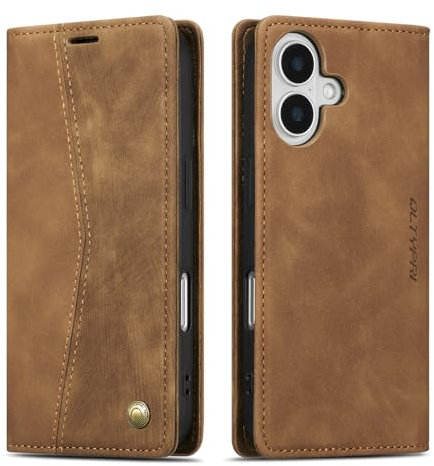 QLTYPRI Hülle für iPhone 16 (6,1 Zoll), Vintage Dünne Handyhülle mit Kartenfach Geld Slot Ständer PU Ledertasche TPU Bumper Wallet Case Flip Schutzhülle Kompatibel mit iPhone 16 - Retro Braun