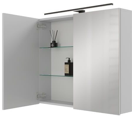Planetmöbel ARIA Spiegelschrank Bad mit Beleuchtung 80 cm breit | Badschrank hängend mit Spiegel | Weiß Grau, mit Leuchte und Steckdose, Spiegelschrank Gäste WC 80 x 70 x 16 cm