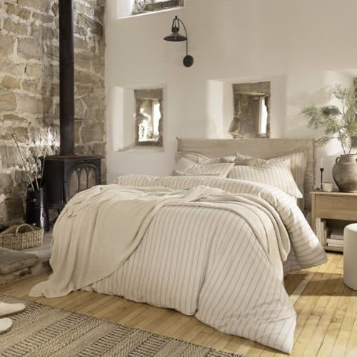 Christy Flannel Stripe King Duvet Set | 100% Brushed Cotton | Stripe Design Quilt Cover Set | Timeless Bedding | Cosy Relaxed Bed Linen | Oat Beige