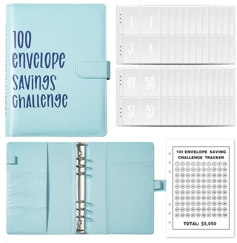 100 Umschläge Spar Challenge Umschlag Spar Challenge Ordner Blau Sparbuch Geld Spar Buch Geld Spar Ordner mit Geldumschlägen Spar Challenge Aufkleber für Zuhause