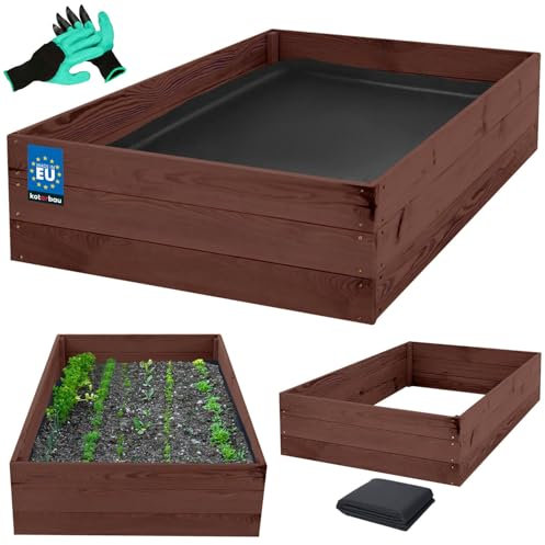KOTARBAU® Tiefbeet Blumenkasten aus Holz 120x80x27cm Imprägniert Pflanzkästen Braun Hochbeet Kräuterbeete Pflanzkübel Anzuchtbeet Hochbeete für Garten Gemüsezucht Gemüsekiste + Handschuhe mit Krallen