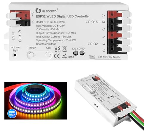 GLEDOPTO WLED Controller LED Streifen Controller 5-24V Dynamischer Modus App Steuerung FCOB Adressierbarer Streifen für WS2811 WS2812 SK6812 TM1814 WS2813 WS2815