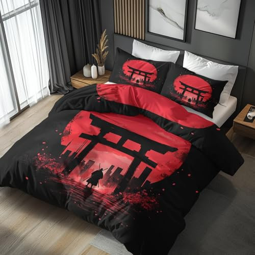 Generisch Bettwäsche Japanische 135x200, Japan Anime Samurai Motiv Wendebettwäsche & Deko, Weiche Microfaser Bettbezug mit Reißverschluss und 1 Kissenbezug 80x80, 2tlg - ASD4299