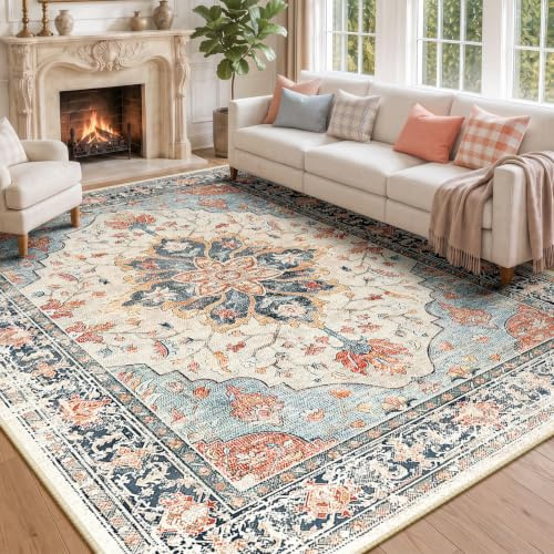 INOVADAY Teppich Wohnzimmer Waschbar 244x305 cm Retro Beige/Blau/Orange | Teppich Schlafzimmer, Vintage Teppich Waschbar, Esszimmer, Büro, Kurzflor Rutschfest, Boho, Retro, Weich, OEKO, Gedruckte