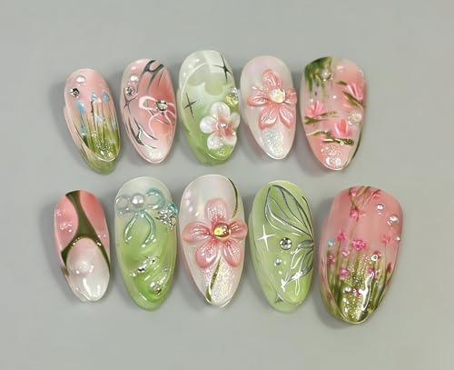 MouyouGlow 30 Piezas Prensa en Uñas Cortas, Almond 3D Lazo Pajarita Arco Tie Flores Flores Hada Mariposa Cristal Falso Nails con Pegamento para Uñas, Mariposa Verano Sweet Uñas Artificiales