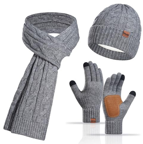 VEGCOO Mütze + Schal + Handschuh-Sets für Damen, Damen Winter Warm Mütze Lang Schal und Touchscreen Handschuhe Set mit Fleece Gefütterte (Grau)