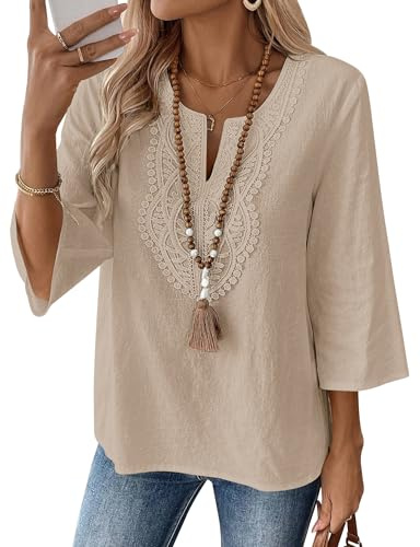 LOMON Womens Tops 3/4 Length Sleeve Cotton Linen V Neck Shirts Khaki | Loose Fit Summer Tops,Casual Business Work Blouses,Lace Neckline Boho Clothes,Khaki Shirt M