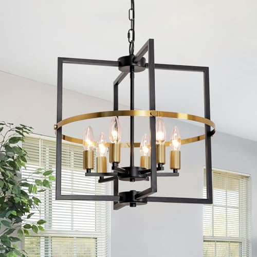 JHLBYL Schwarz Gold Lampe Wohnzimmer Hängeleuchte 6 Flammig Pendelleuchte Vintage mit Dimmbarer E14-Fassung Verstellbare Rustikale Deckenleuchte Hängend für Esszimmer Kücheninsel Schlafzimmer Flur