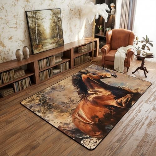 feelingyou Tinte Malerei Pferd Wohnzimmer Teppich 100x150cm Bauernhaus Brown Schlafzimmerbereich Teppich für Kinder Teens Westlicher Stil Tier Natur Indoor Matte Heimdekor