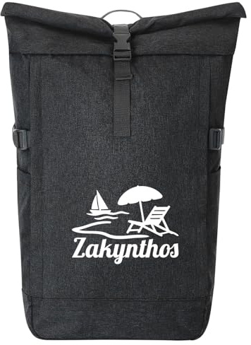 Huuraa Kurierrucksack Zakynthos Inselmotiv Griechenland Geschenk | 30-44 Liter Backpack Black Melange Fairtrade Rolltop Rucksack Geschenkidee Schwarzer Laptop-Rucksack passend für 17-Zoll