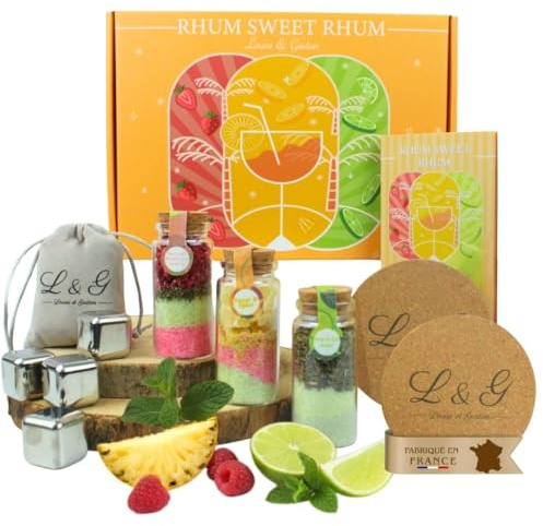 L&G - Coffret Rhum Arrangé “RhumSweetRhum” | Kit Fabrication Maison avec Épices Naturelles | 3 Fioles Saveurs Exotiques + Glaçons + Dessous de Verre | Idée Cadeau Noël ou Secret Santa