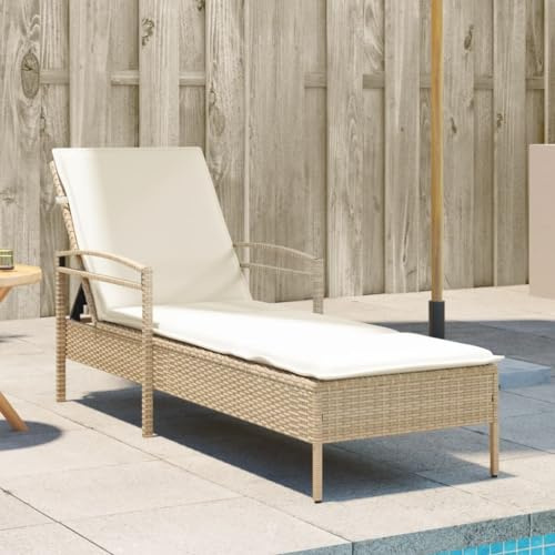 Frdhee Liegestuhl Wohnzimmer Terrassenstühle,Sonnenliege mit Auflage Beige 63x200x81 cm Poly Rattan,Relaxliege für Innen und Außen