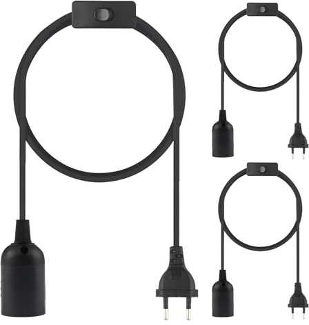 OMIGA Lampenfassung mit Stecker 3 Stück Fassung E27 mit 3m Kabel | Schalter Lampenfassung 250V/6A für Pendelleuchten Deckenlampen DIY Projekte Schwarz