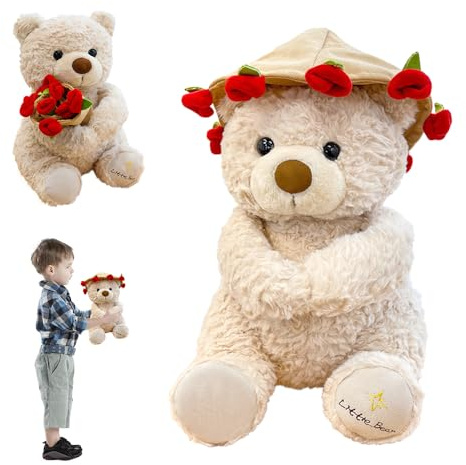 Hojalis Ours en Peluche avec Rose, Ourson Saint Valentin, Juet en Peluche Teddy Bear avec Rose, Ours en Peluche pour La Saint-Valentin, Ours Teddy Bear pour Maman, Enfants, Amoureux