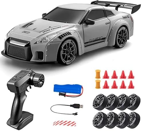 SpedUpX 1:24 RC Drift Rennwagen mit 4WD Allradantrieb, Hochgeschwindigkeits Modellauto mit LED Beleuchtung, 2.4G Fernsteuerung und Wechselreifen(Luftwaffengrau)