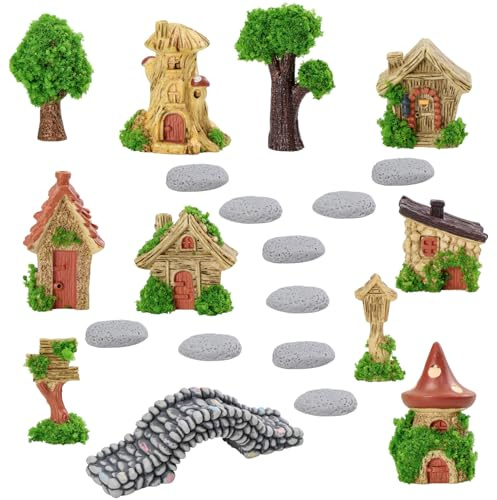 21 Pcs Miniature Fairy Garden Kit, Weatherproof for Indoor Outdoor Use | Resin House & Tree for Planters Bonsai and Glass Terrariums Displays, Micro Landscape Decor for Patios, Windowsills & Shelves