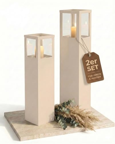 BENTSON Windlichtsäule Schattenweiß Design, 2er Set, 95cm + 75cm | Deko-Säule für Garten im Industrial Design, Garten Windlicht für draußen und drinnen, Laterne draußen, Eckig