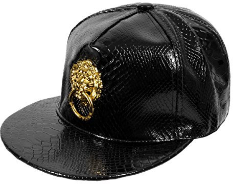 Alsino Snapback Basecap Leder Krokoleder Schlangenhaut Imitat Kroko Look Damen Herren (Cap-122 Löwe Gold schwarz)