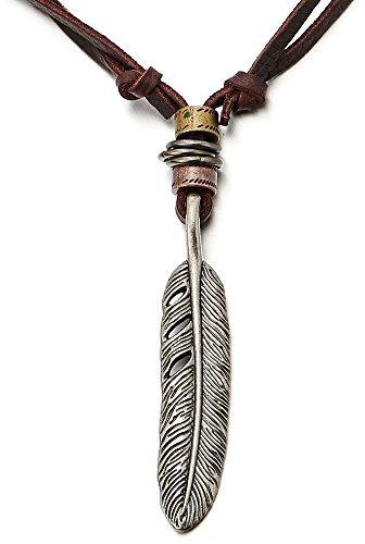 COOLSTEELANDBEYOND Retro-Stil Feder Anhänger Herren Damen Halskette mit Verstellbaren Braun Lederband