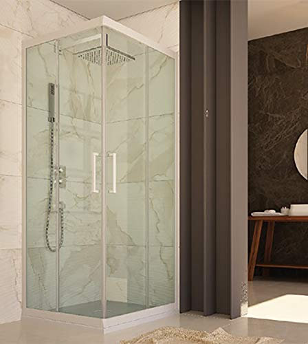 Cabine de douche, dimensions 75 x 75 cm, angle à quatre portes réductibles transparentes.