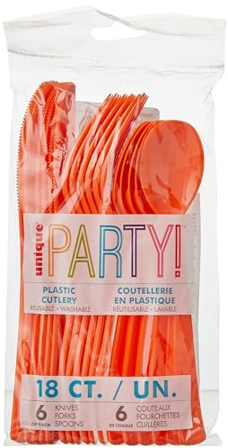 Unique Party 39500-Lot de Couverts en Plastique pour 6 Invités-Orange-18 Pièces, 39500, Orange