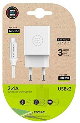 Cargador tech one tech 2.4 doble usb + cable braided nylon micro usb android longitud 1 mt color blanco