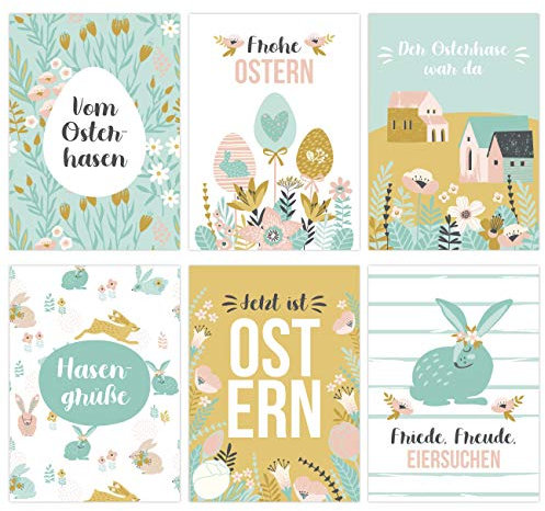 Papierdrachen 12 Osterkarten zum Sammeln und Verschicken - liebevoll gestaltetes Postkarten Set Frühling Türkis - Grußkarten Set 12