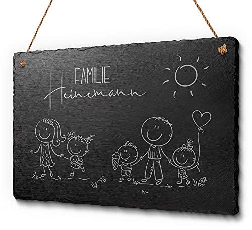 Familienschild Willkommen aus Schiefer ca. 30x20 cm - Haustürschild mit Figuren Mama Papa Kinder | Persönliches Geschenk oder individuelle Dekoidee | Tolles Türschild für Familien