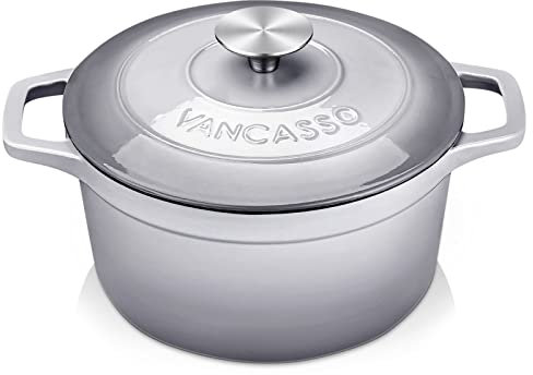vancasso Cast Iron Casserole Dish with Lid, 3L Grey Naturally Non-Stick Enameled Dutch Oven Cookware, with Stainless Steel Knob Lid Cast Iron Casserole for Steam Braise Bake Broil Saute - 22cm
