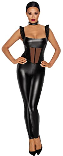Noir Handmade Damen Wetlook Overall in schwarz mit Tülleinsatz und 2-Wege Reißverschluss im Schritt glänzend