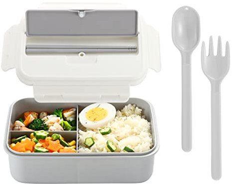 YAGGOOD Bento Lunch Boxes, Leakproof Bento Boxes for Kids Adults, Food Boxes with 3 Compartments/Fork Spoon and Chopsticks, BPA Free, Microwave and Dishwasher Safe Meal Prep Containers (Grey-White)