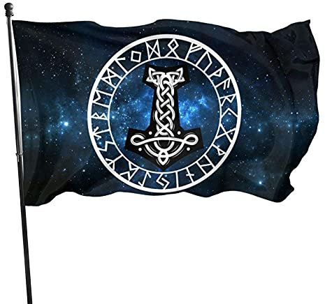 Garten Flagge 3x5 Ft Dekorative Banner Flags Wikinger Mjolnir Und Runenrad Nordisches Symbol Saisonale Flag Welcome Piraten Flagge Für Bauernhaus Sommer Terrasse, 90x150cm