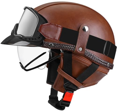 Casque de Moto Vintage Cuir Retro Vintage Scooter Open Face Demi Cuir avec visière Lunettes ECE Bols pour Homme et Femme Adultes Demi-Casques avec Sac de Rangement