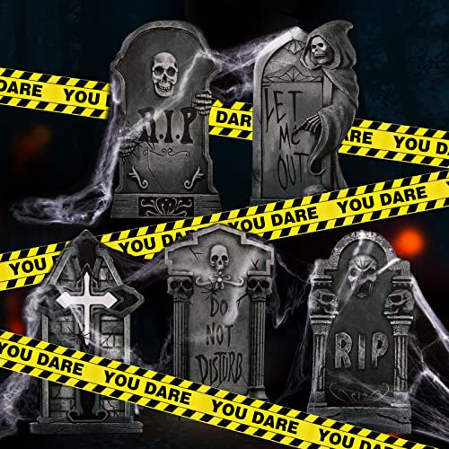 VINFUTUR 5pcs Lápidas Halloween Lapidas Decoración Exterior+6m Cinta Advertencia Halloween+1pc Telarañas Halloween Adornos Exterior Jardin