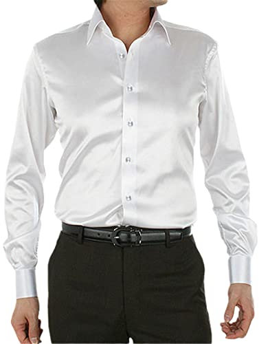 Chemise en satin pour homme, coupe régulière, en soie brillante, décontractée, infroissable, blanche, taille 3XL