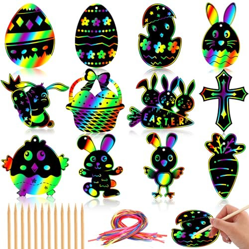 JULMELON Ostern Kratzbilder für Kinder, 36 Stück Ostern Kratzbilder Bastelset Regenbogen Ostern Kratzpapier Hasen Kratzbilder Anhänger Kratzpapier Ornaments für Ostern Geschenke Party Deko
