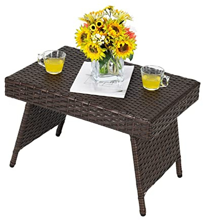 COSTWAY klappbar Rattantisch, Beistelltisch Gartentisch Polyrattan, Balkontisch mit PVC-Platte, Teetisch für Garten Wohnzimmmer Balkon, Braun…