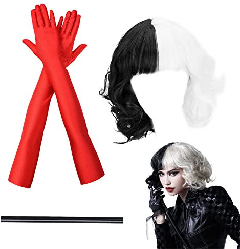 VIKSAUN 3 Stück Cruella Kostüm Kurze Schwarze und Weiße Perücke mit Rote Handschuhen und Halterung 70er Jahre Accessoires Halloween Kostüm Damen Set Mode Retro Kostüm Flapper Zubehör Set (3 Stück)