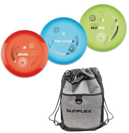 Sunflex® DISC Golf PRO Set | Disc Golf Spiel | DREI Premium Wurfscheiben | erstklassiges Material | Verschiedene Distanzen | Wettkampf zugelassen | Inkl. prächtigem Beutel