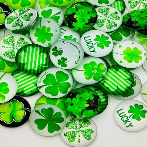 Wednesday 60 Stück vierblättriges Kleeblatt Muggelsteine Groß,25mm Gemischte Farbe Glassteine Mosaik Kuppel Mischte Farbe Bunt Runde Kuppel Glas Cabochons,Glassteine Deko