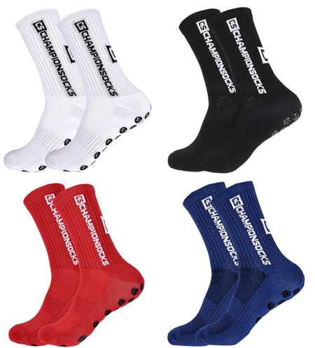 Opopark 4 Paare Fußballsocken Herren 39-44 Sportsocken Herren Anti Rutsch Grip Fußball Socken Rutschfeste Grip Socken für Fussball Basketball Laufen(weiß+schwarz+rot+blau)